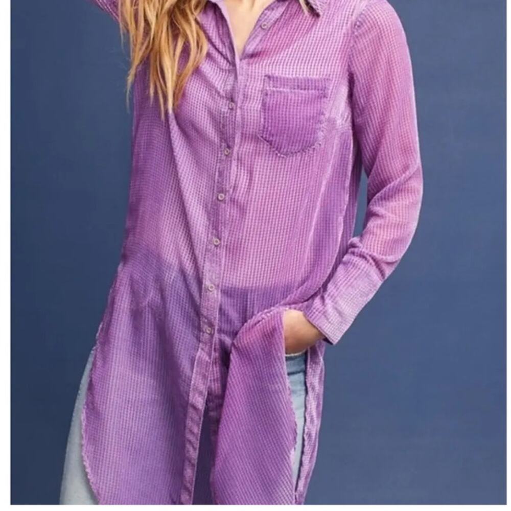 Akemi + Kin Anthropologie Velvet Burnout Button Front Buster Tunic Sz S Purple